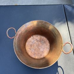Vintage Hammered Copper Pot Bowl Cauldron w/ Dual Handles Rustic Farmhouse Decor