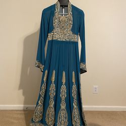 Teal And Gold Embroidered Dress Size 2