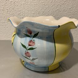 Large Beautiful Porcelain Painted Floral Vase 7” Tall And 10” Wide   Beautiful spring colors , yellow ,  blue and beautiful purple flowers, local pick