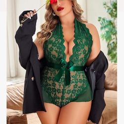 Avidlove Plus Size Lingerie for Women Halter Deep V Lace Bodysuit Teddy