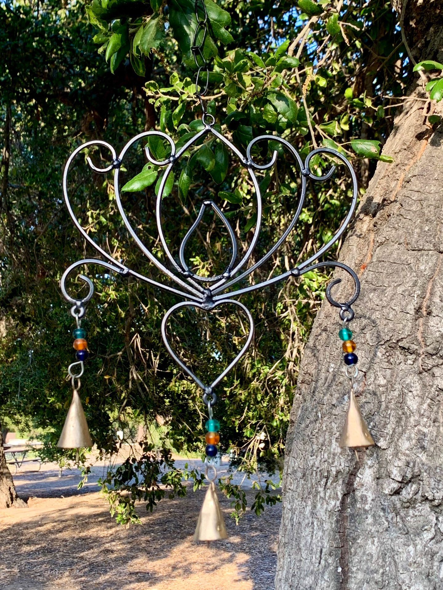 Iron Lotus Heart With Glass Beads & Brass Bells Wind Chime Sun Catcher Mobile