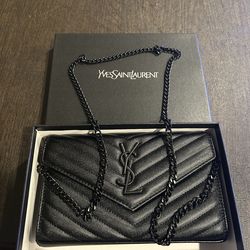 YSL Saint Laurent Monochrome Chain Wallet (Black) Grain de Poudre Matelassé Chev