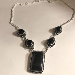 Biwa Agate Black Onyx 925 Sterling Silver Necklace