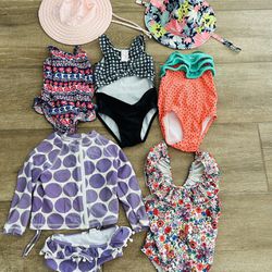 Baby Girl Swimsuit Lot And Swim Hats 
