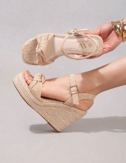 Fashion Rope Platform Wedge Sandals With Twist Open Toe Design, High Heel Slippers, Summer Vacation Casual Apricot Chunky Heel High Heels For Women（si