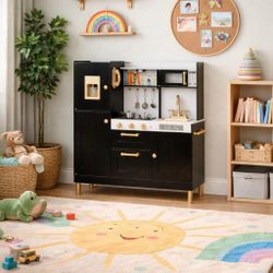 Kids Play Kitchen, Kitchen Playset for Toddler Kid, Play Kitchen Toy Set w/Real Sounds, Pretend Microwave Oven, Ice Maker, Telephone, Gift for Boys Gi