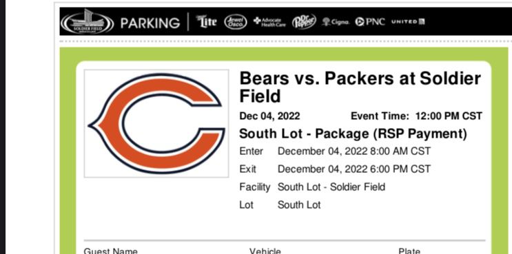 Chicago Bears South lot parking Packers Game