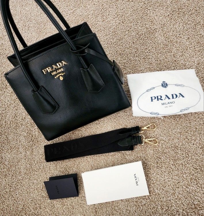 Authentic Prada Logo Medium Black Leather Handle Bag with shoulder strap comes with dust bag