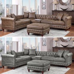 Brown Leatherette Sectional Sofa With Ottoman 