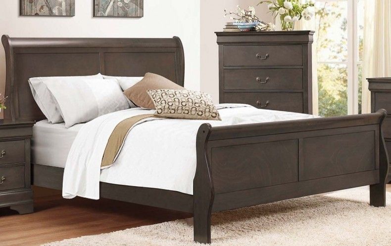 Brand new stained grey queen sleigh bedframe + dresser + mirror + nightstand