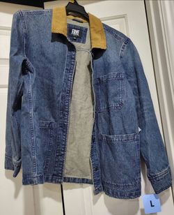 NWT L blue denim barn jacket from Frye tan corduroy collar & large front patch pockets buttons
