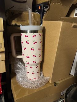 Cherry Print Tumbler with Handle and Straw
