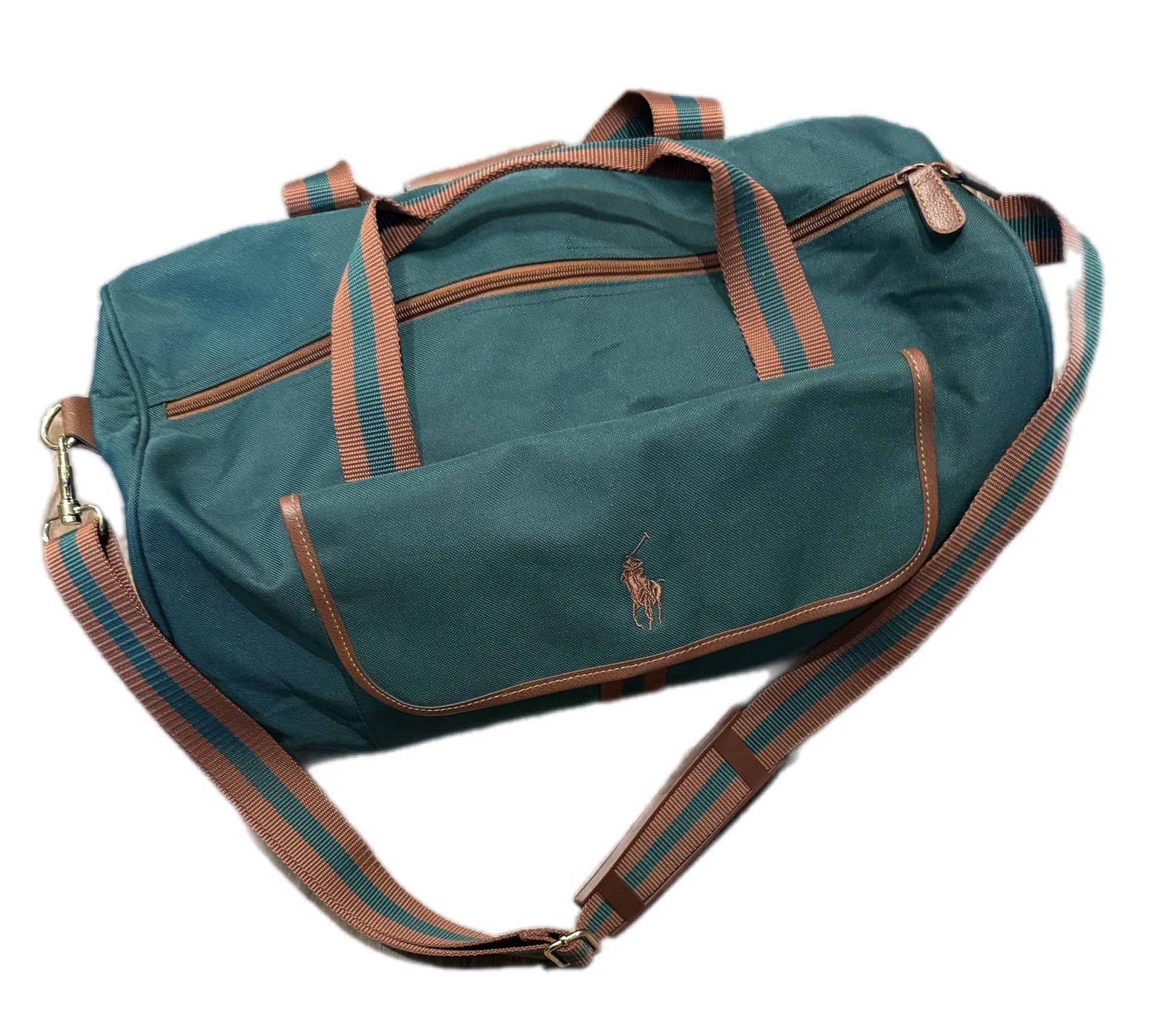 Vintage Polo Ralph Lauren Duffel Bag Green Canvas & Brown Leather Trim Travel