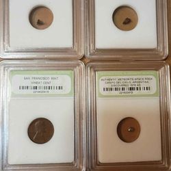 3 - Authentic Meteorite Space Rocks & 1 - San Francisco Wheat Cent Coin
