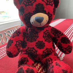 Build a Bear Marvel Spiderman Teddy 17" Red Black Stuffed Plush Spider Web Print