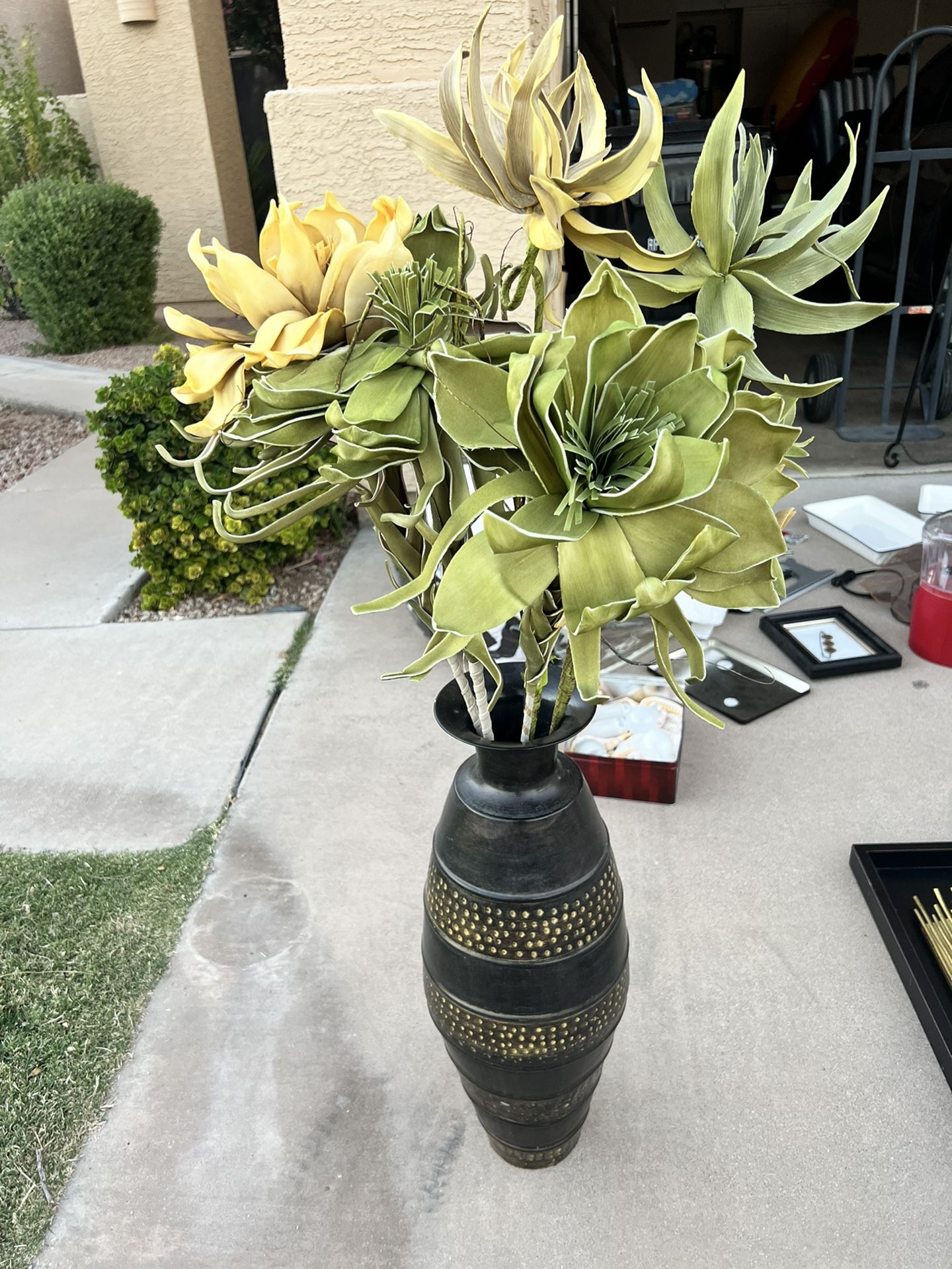 Large Standing Floor Vase W/ Faux Flowers