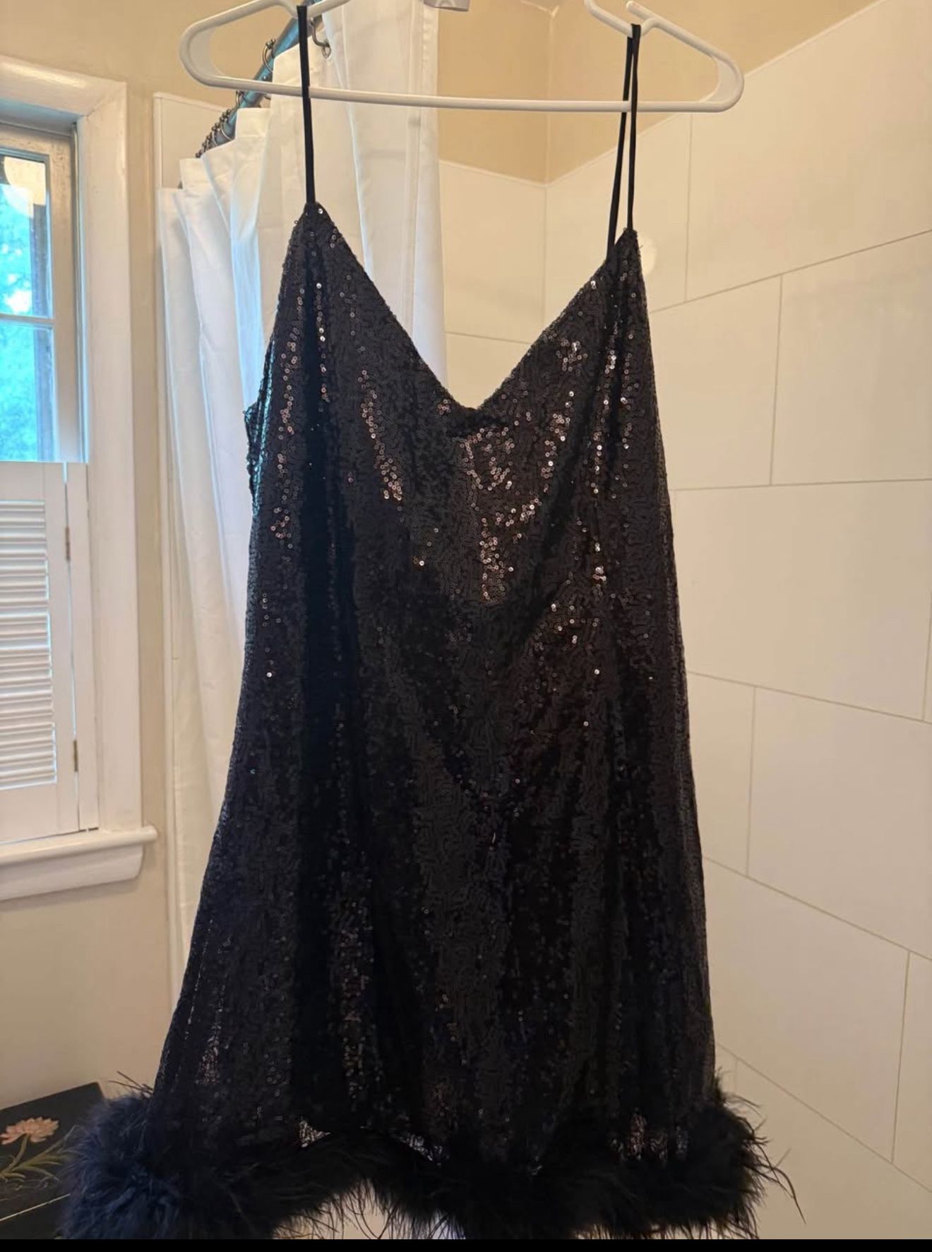 Black Sequin Dress with Feather Trim
