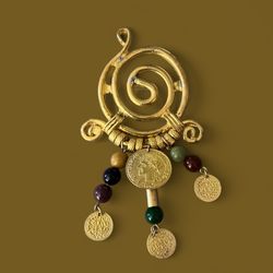 Swirly Gold Tone Brooch Dangling Beads & Coins Vintage 