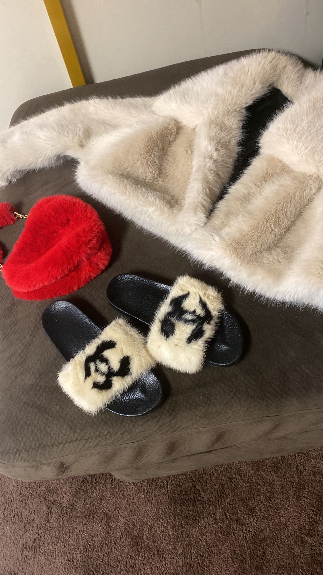 Furry Coat With Bag And Sandals Matching