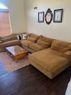 Large Tan Microfiber Sectional Sofa with Chaise