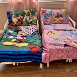 Toddler Beds With Mattress, White Color And Disney Bedding Set