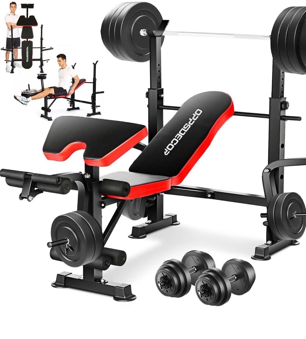 OPPSDECOR 6 in 1 660lbs Weight Bench with Leg Extension and Leg Curl, Foldable Bench Press Set and Squat Barbell Rack with Preacher Curl, Adjustable W