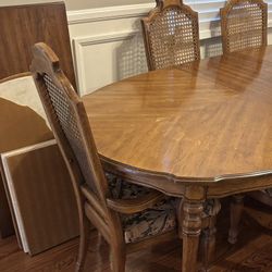 Vintage Oak Dining Set - Cane Back Chairs + Table Pads + Leaves - 6 Chairs