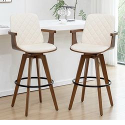 Set of 2 bar height bar stools, 30-inch swivel bar stools with backrest and curved arms, walnut craftsmanship, upholstered seat, mid-century bar stool