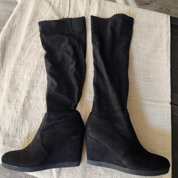 Black Suede Wedge Heel Boots