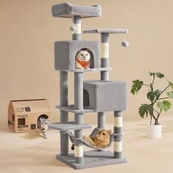 Cat Tree, 59.5-Inch Tall Cat Tower, Multi-Level Condo, Light Gray with 5 Scratching Posts, 2 Perches, 2 Caves, Hammock, 2 Pompoms, 2 Caves for Indoor 