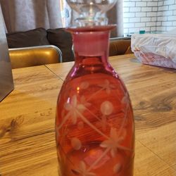 Vintage Etched Cranberry Glass Decanter Just Noticed There Is A Crack In The Top Of The Canter Stopper Has A Crack On The Glass Stopper