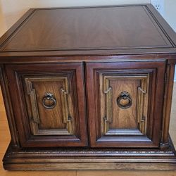 End Table Brown Solid Wood With Dbl. Door Storage Area.