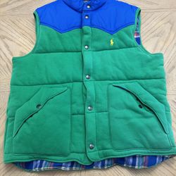 Polo Ralph Lauren Colorblocked Puffer Vest in green and blue, with a plaid flannel lining