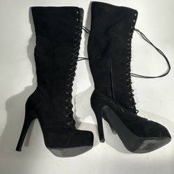 Dashiela Black Lace-Up Platform Knee High Heels Boots Women’s US 9