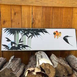 Vintage Signed Asian bird/bamboo painting on silky canvas 3’x11”