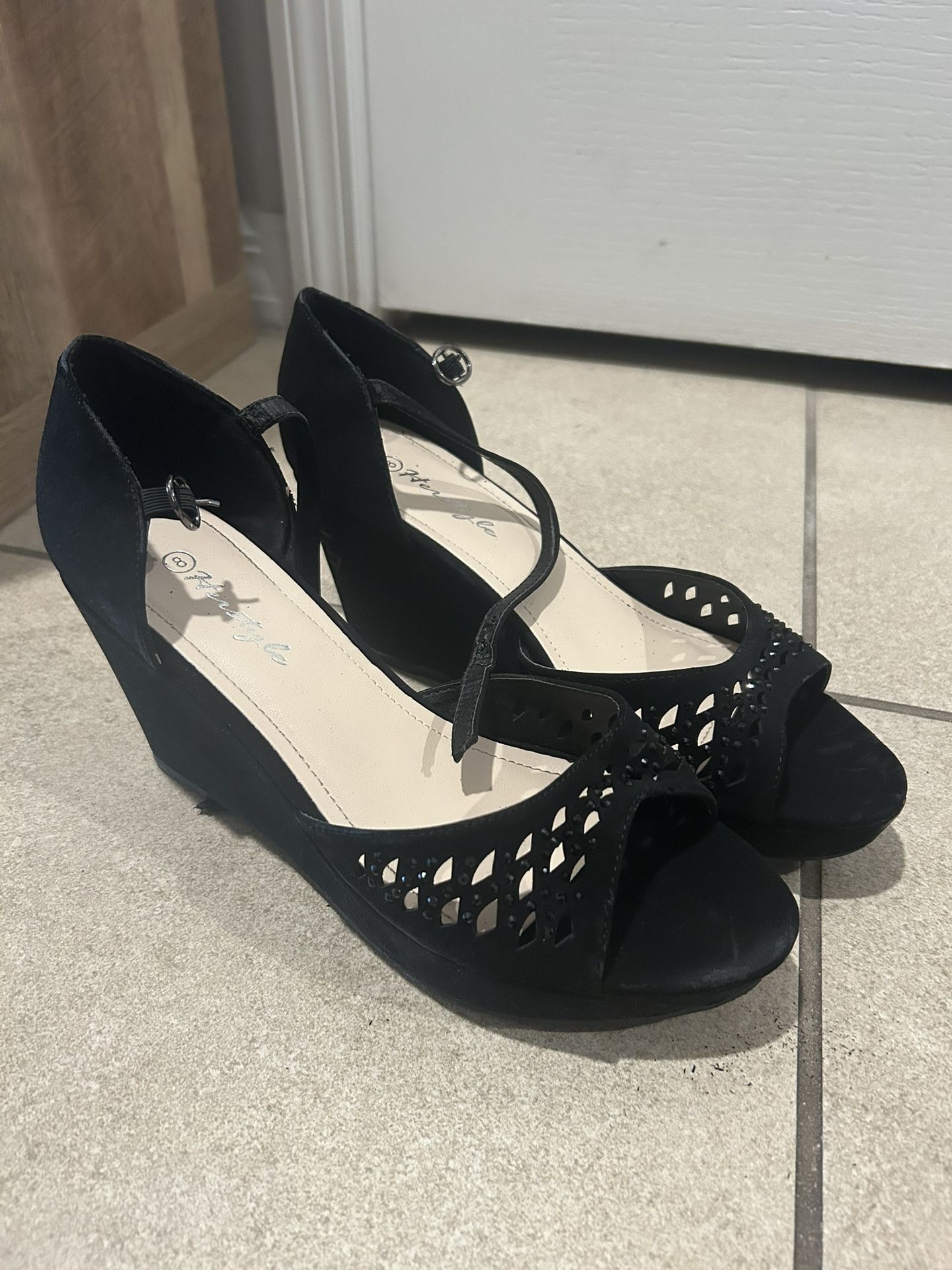Black open toe wedge heel