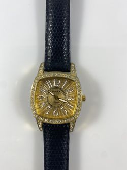 Omax Womens Gold Tone Watch with Black Leather Band