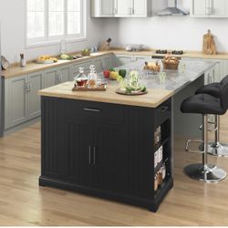 Kitchen Island on Hidden Wheels, Rolling Kitchen Cart with Thicker Rubberwood Top & 3 Drawers & Open Shelves, Storage Cabinet with Adjustable Shelves 