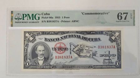 1 peso 1953 cuba PMG 67