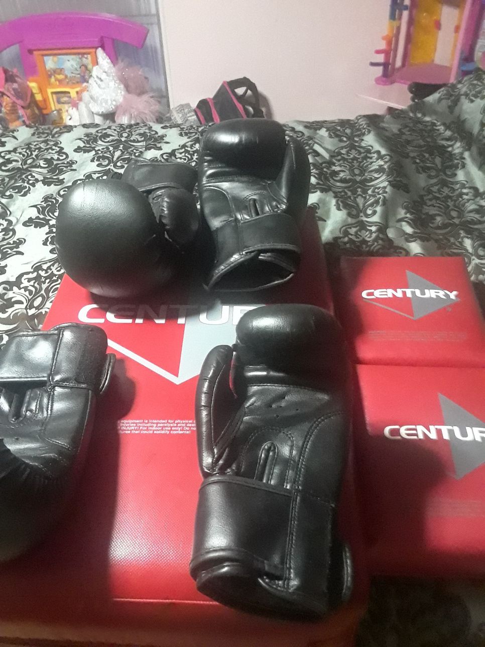 Boxing gloves and pads.