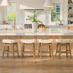 Set of 3 Bar Stools, 24" H Saddle Counter Stools, Counter Height Barstools, Fabric in Cream White