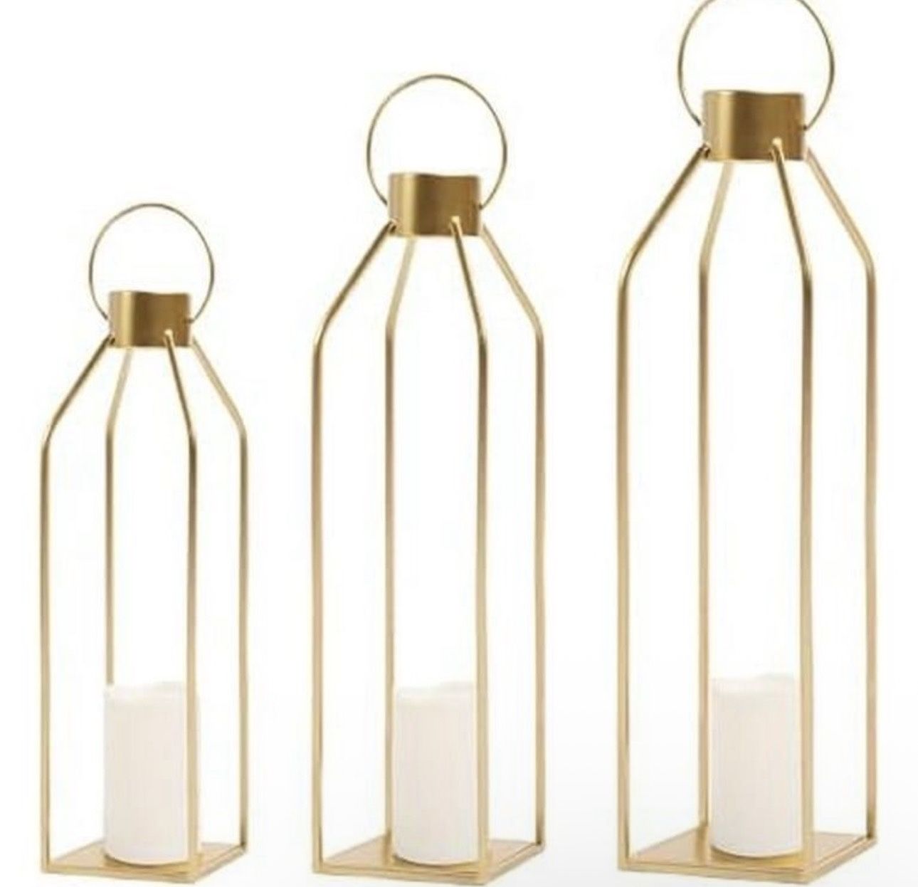 Set of 3 Decor Modern Farmhouse Lantern Decor-Gold Metal Candle Lanterns for Christmas-Lanterns Decorative w/Timer Flickering Candles for Living Room,
