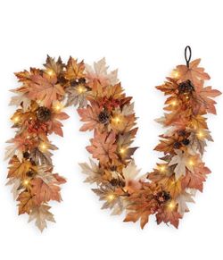 New 6 FT Lighted Fall Garland with Lights Autumn Automatic ON/Off Timer Full Fall Leaves Garland with Berries Pine Cones Realistic Decorations for Hom