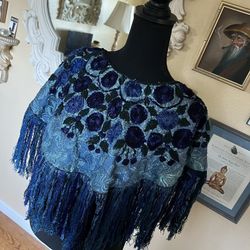 Fringe Embroidered, Mexican Pancho Cape Shoulder Cape