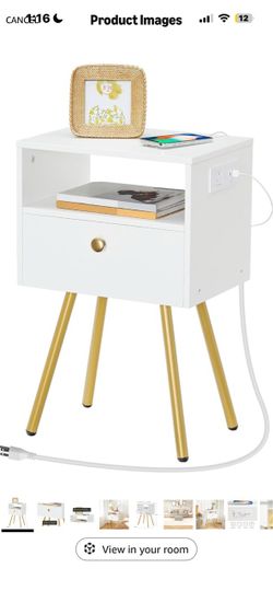 White Nightstand with Charging Station and Drawer