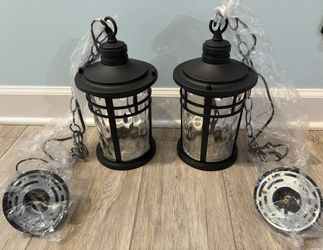 2 Outdoor Pendant Lights with Water Ripple Glass Lanterns, for Porch, Front Patio, Foyer Black New