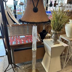 Tall Glass Floor Lamp w/ Fringe Shade