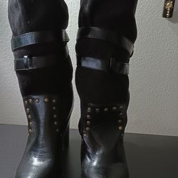 Leila Stone Women’s Slouch Faux Vegan Leather/Suede Sz 9 Pull-on Black Boots 