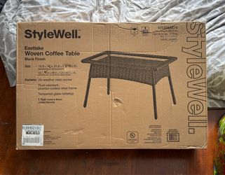 NEW (Unopened) Eastlake Black Rectangle Wicker Outdoor Coffee Table with Smoky Glass