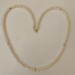 Real Freshwater Button Pearl Necklace With High Luster, 22” Long, Gold Plated
